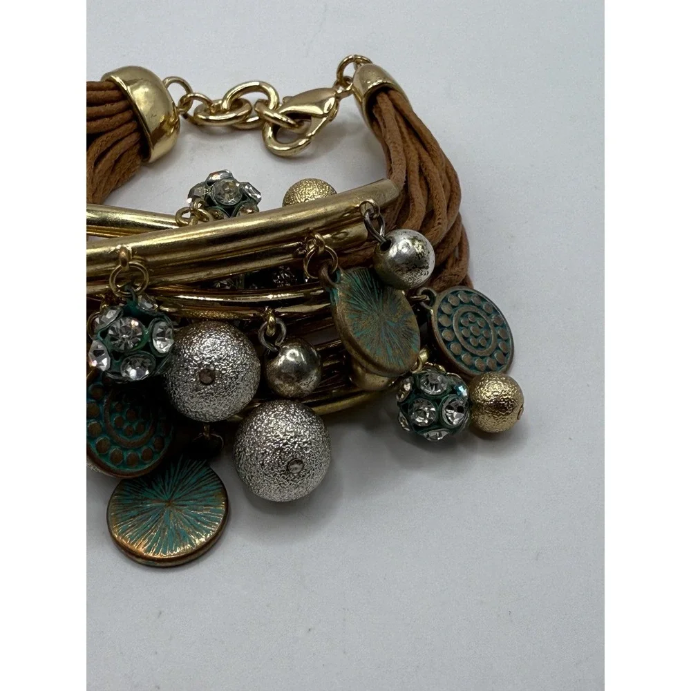 Boho Multi-Strand Brown Cord Charm Bracelet – Gold‎ Tone Bars, Textured Beads